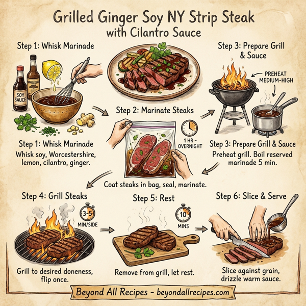 Grilled Ginger Soy NY Strip Steak with Cilantro Sauce instructions