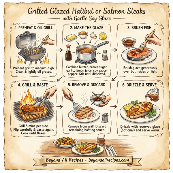 Grilled Glazed Halibut or Salmon Steaks with Garlic Soy Glaze instructions