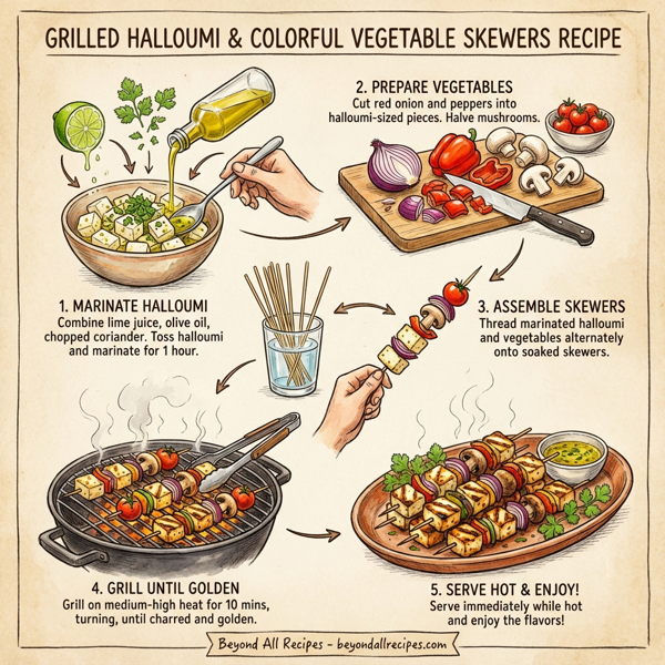 Grilled Halloumi and Colorful Vegetable Skewers instructions