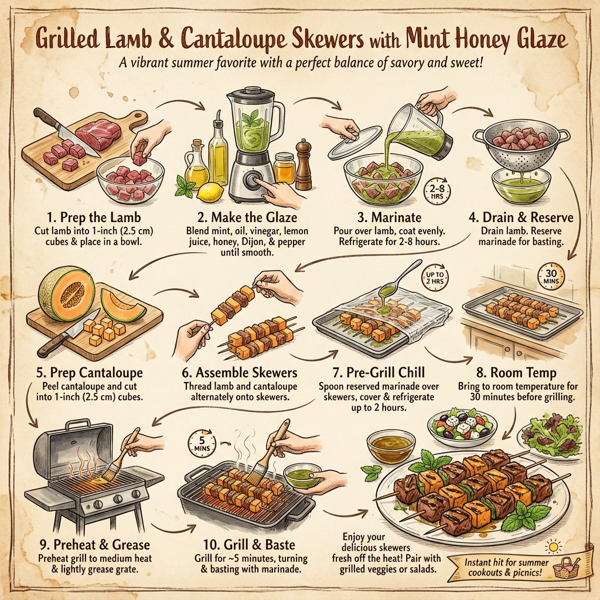 Grilled Lamb and Cantaloupe Skewers with Refreshing Mint Honey Glaze instructions