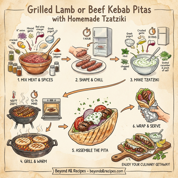 Grilled Lamb or Beef Kebab Pitas with Homemade Tzatziki instructions