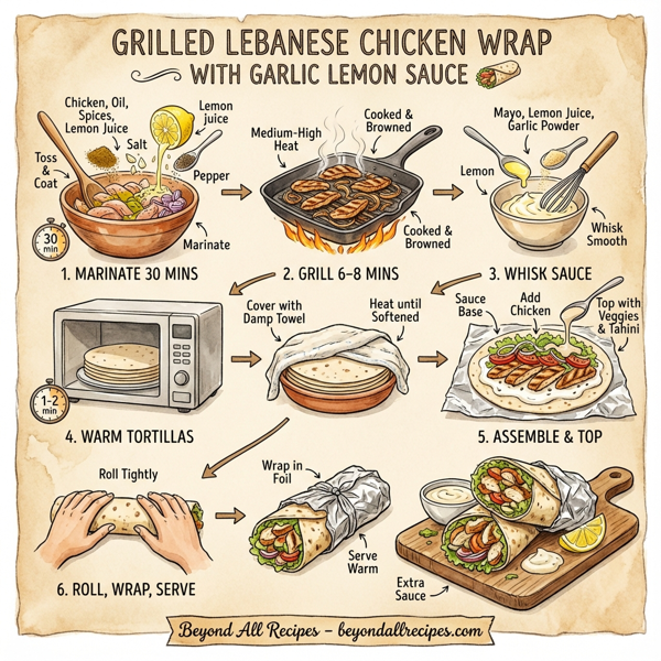Grilled Lebanese Chicken Wrap with Garlic Lemon Sauce instructions