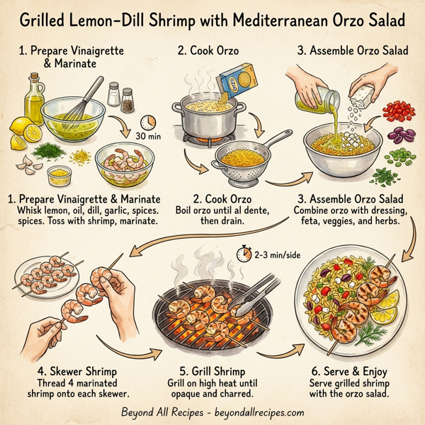 Grilled Lemon-Dill Shrimp with Mediterranean Orzo Salad instructions