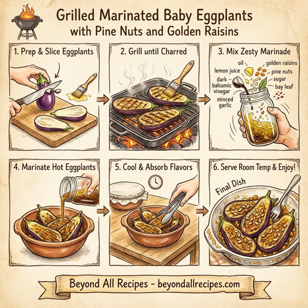 Grilled Marinated Baby Eggplants with Pine Nuts and Golden Raisins instructions