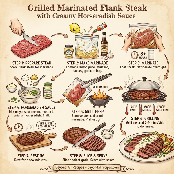 Grilled Marinated Flank Steak with Creamy Horseradish Sauce instructions