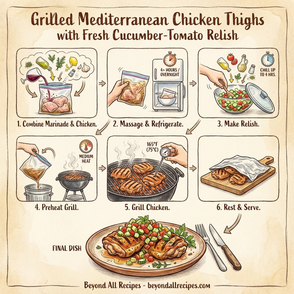 Grilled Mediterranean Chicken Thighs with Fresh Cucumber-Tomato Relish instructions
