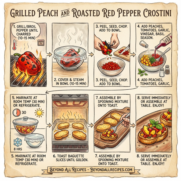 Grilled Peach and Roasted Red Pepper Crostini instructions