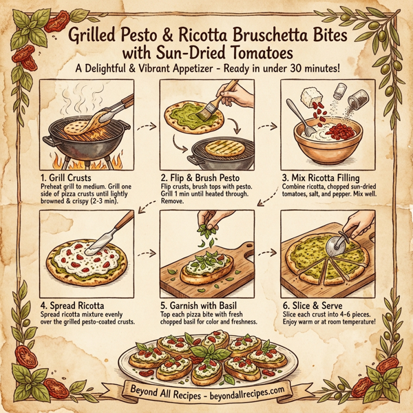 Grilled Pesto & Ricotta Bruschetta Bites with Sun-Dried Tomatoes instructions