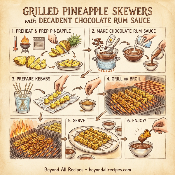 Grilled Pineapple Skewers with Decadent Chocolate Rum Sauce instructions