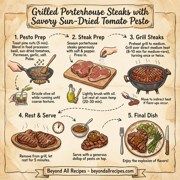 Grilled Porterhouse Steaks with Savory Sun-Dried Tomato Pesto instructions