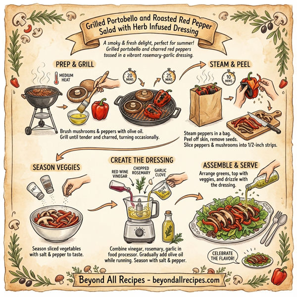 Grilled Portobello and Roasted Red Pepper Salad with Herb Infused Dressing instructions