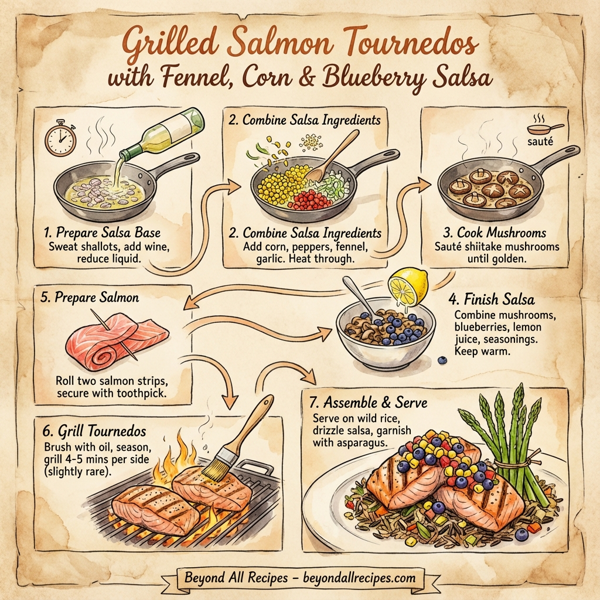 Grilled Salmon Tournedos with Fennel, Corn & Blueberry Salsa instructions
