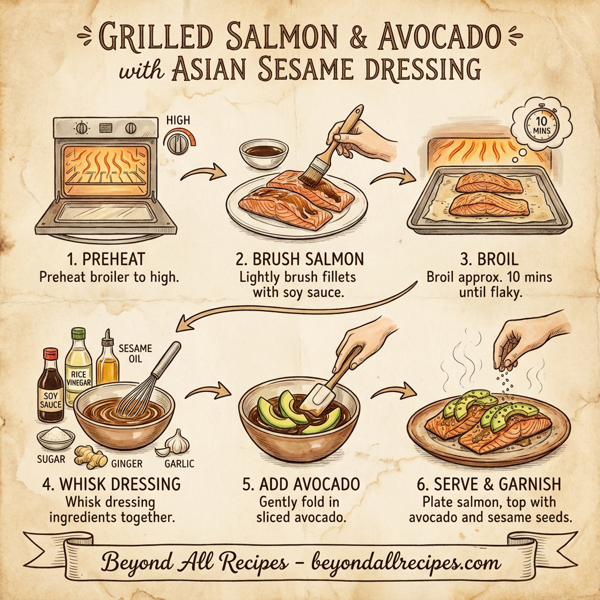 Grilled Salmon & Avocado with Asian Sesame Dressing instructions