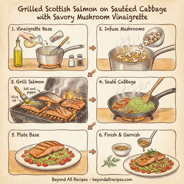 Grilled Scottish Salmon on Sautéed Cabbage with Savory Mushroom Vinaigrette instructions