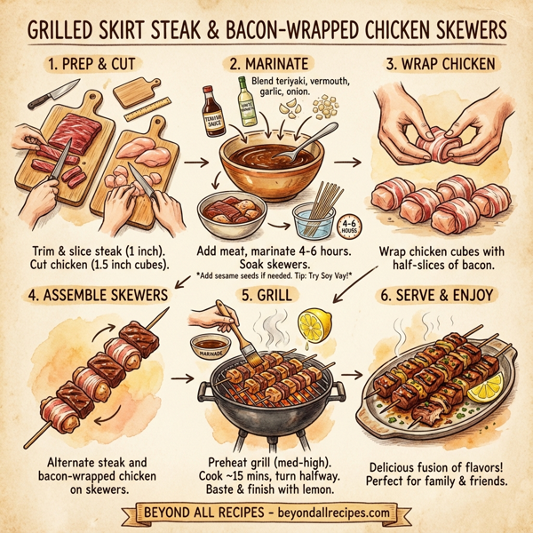 Grilled Skirt Steak and Bacon-Wrapped Chicken Skewers instructions