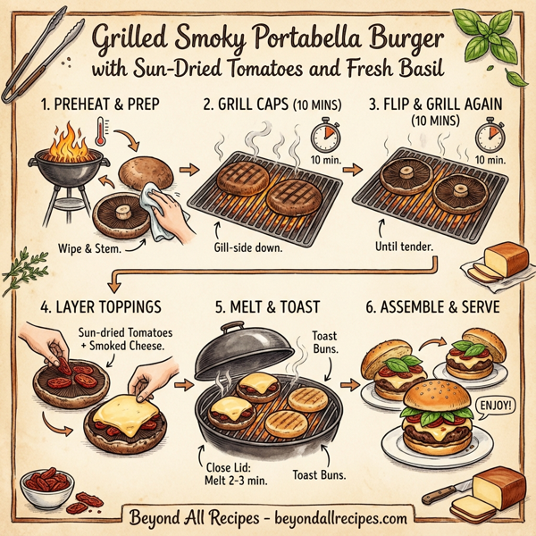 Grilled Smoky Portabella Burger with Sun-Dried Tomatoes and Fresh Basil instructions