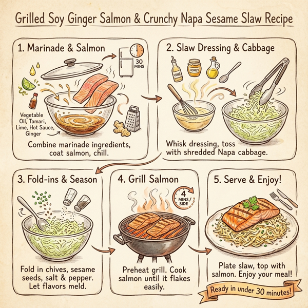 Grilled Soy Ginger Salmon with Crunchy Napa Sesame Slaw instructions