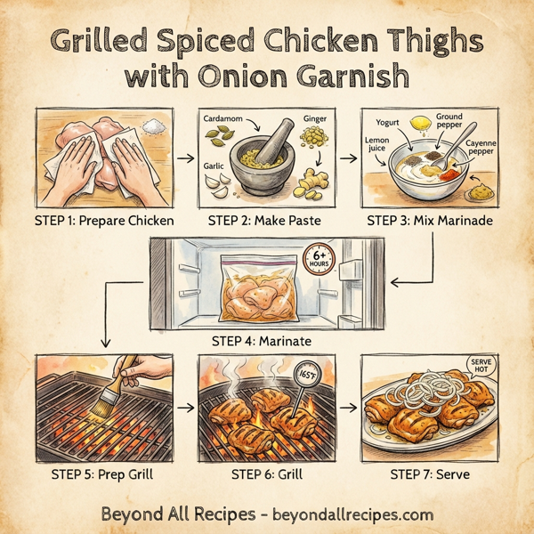 Grilled Spiced Chicken Thighs with Onion Garnish instructions
