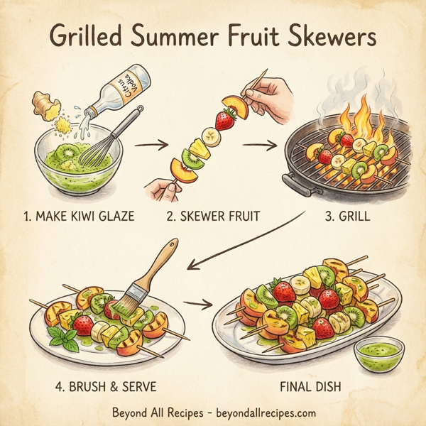 Grilled Summer Fruit Skewers with Spiced Kiwi Glaze instructions