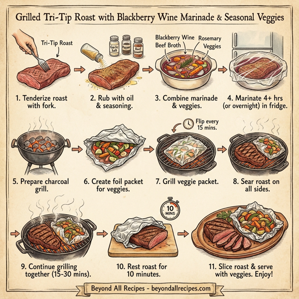 Grilled Tri-Tip Roast with Blackberry Wine Marinade and Seasonal Veggies instructions