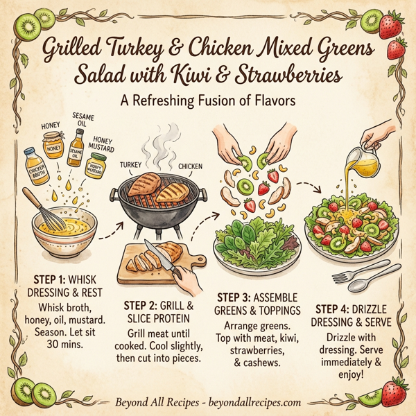 Grilled Turkey & Chicken Mixed Greens Salad with Kiwi and Strawberries instructions