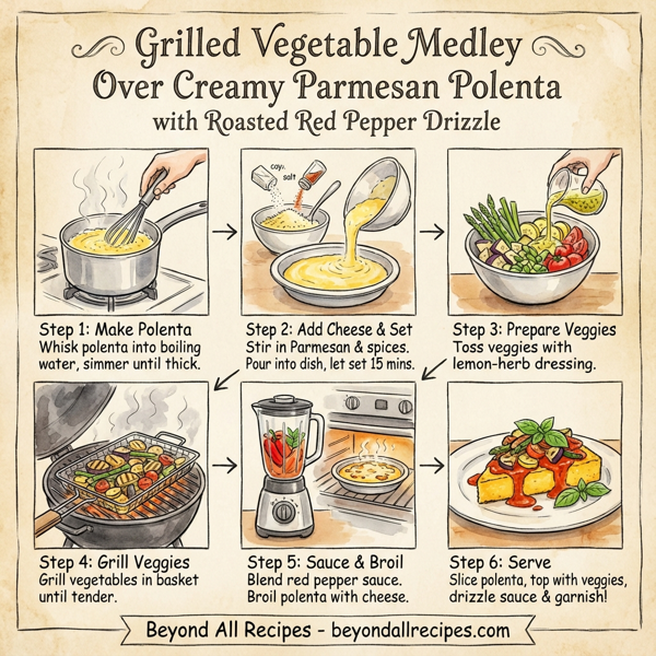Grilled Vegetable Medley Over Creamy Parmesan Polenta with Roasted Red Pepper Drizzle instructions
