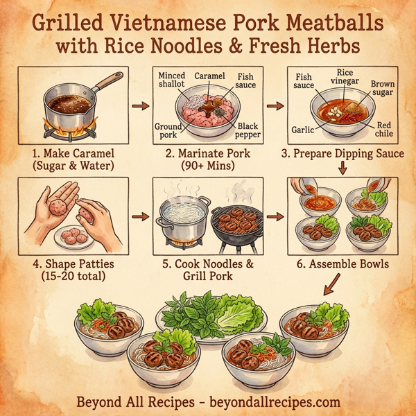Grilled Vietnamese Pork Meatballs with Rice Noodles and Fresh Herbs instructions