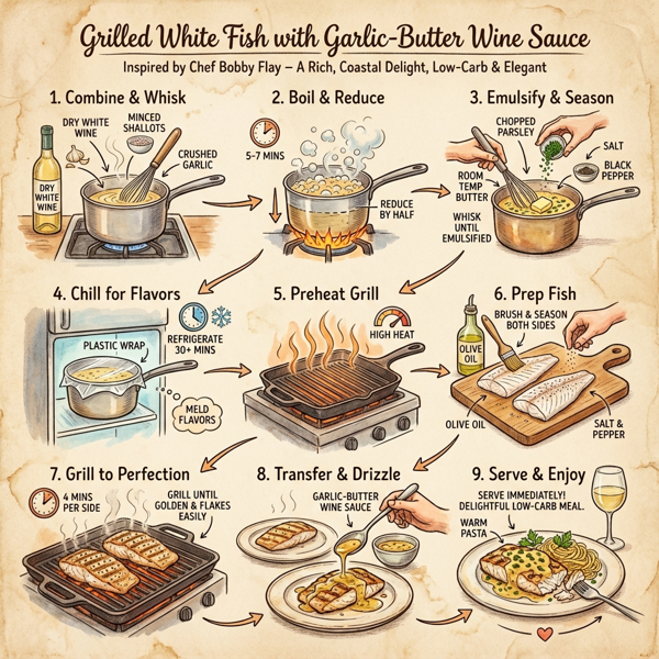 Grilled White Fish with Garlic-Butter Wine Sauce instructions