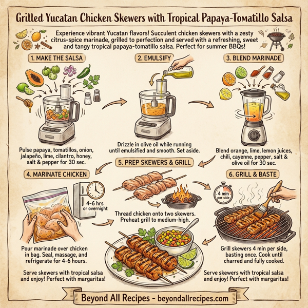 Grilled Yucatan Chicken Skewers with Tropical Papaya-Tomatillo Salsa instructions