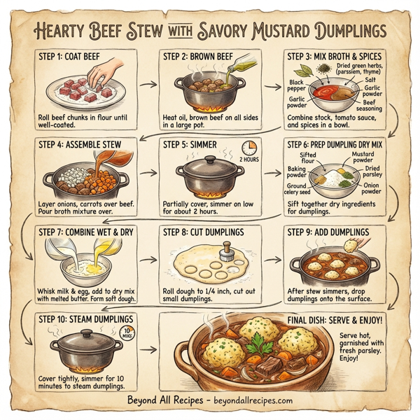 Hearty Beef Stew with Savory Mustard Dumplings instructions
