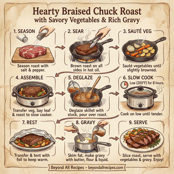 Hearty Braised Chuck Roast with Savory Vegetables and Rich Gravy instructions