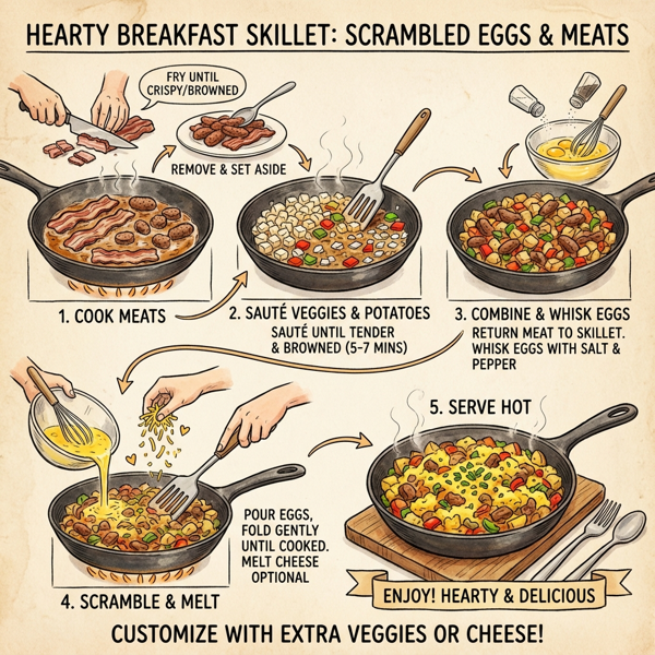 Hearty Breakfast Skillet with Scrambled Eggs and Meats instructions