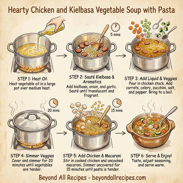 Hearty Chicken and Kielbasa Vegetable Soup with Pasta instructions