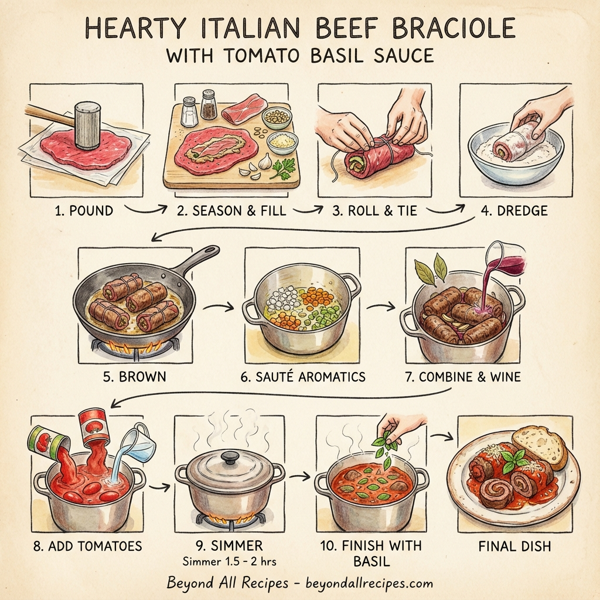 Hearty Italian Beef Braciole with Tomato Basil Sauce instructions