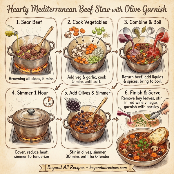 Hearty Mediterranean Beef Stew with Olive Garnish instructions