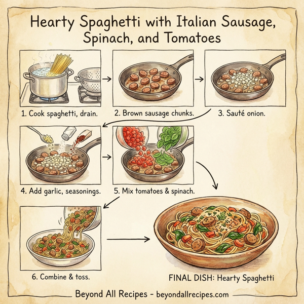 Hearty Spaghetti with Italian Sausage, Spinach, and Tomatoes instructions