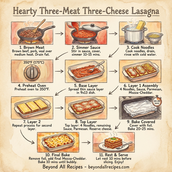 Hearty Three-Meat Three-Cheese Lasagna instructions
