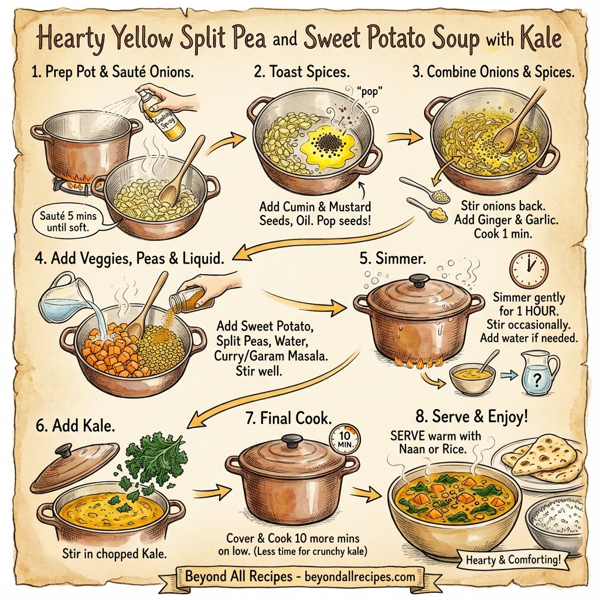 Hearty Yellow Split Pea and Sweet Potato Soup with Kale instructions