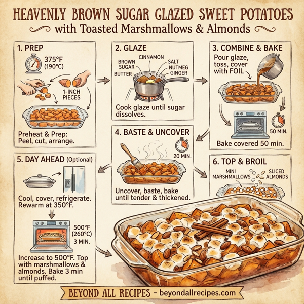 Heavenly Brown Sugar Glazed Sweet Potatoes with Toasted Marshmallows and Almonds instructions
