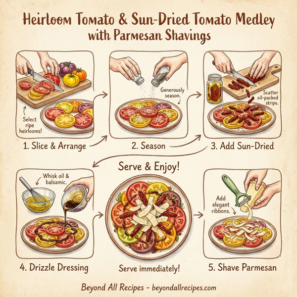 Heirloom Tomato and Sun-Dried Tomato Medley with Parmesan Shavings instructions