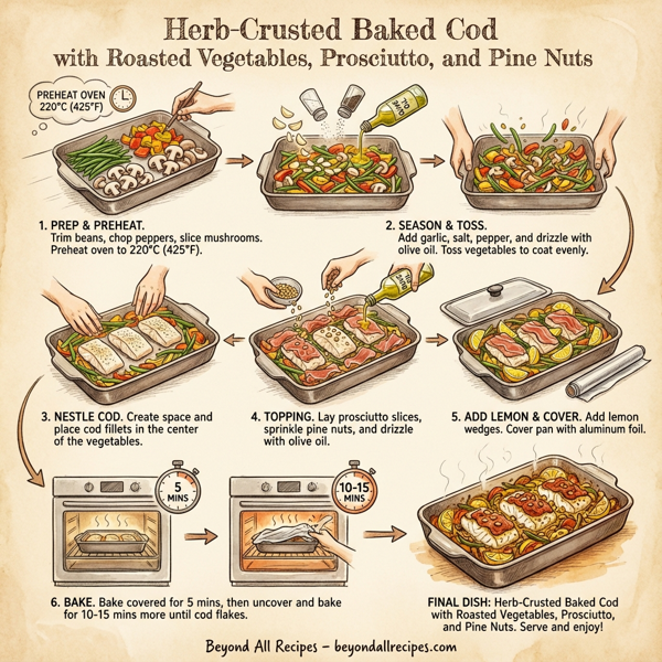 Herb-Crusted Baked Cod with Roasted Vegetables, Prosciutto, and Pine Nuts instructions