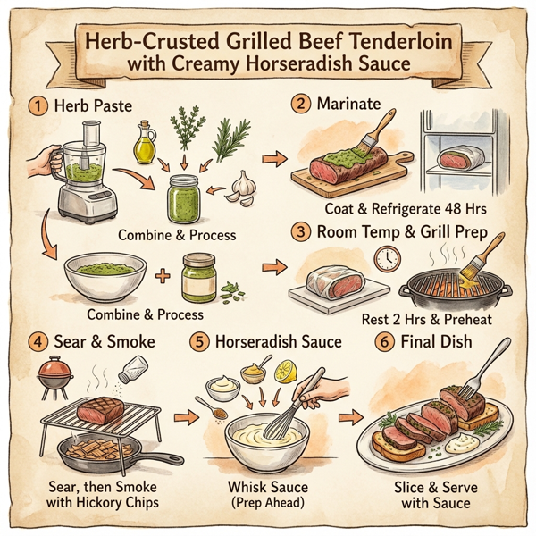 Herb-Crusted Grilled Beef Tenderloin with Creamy Horseradish Sauce instructions