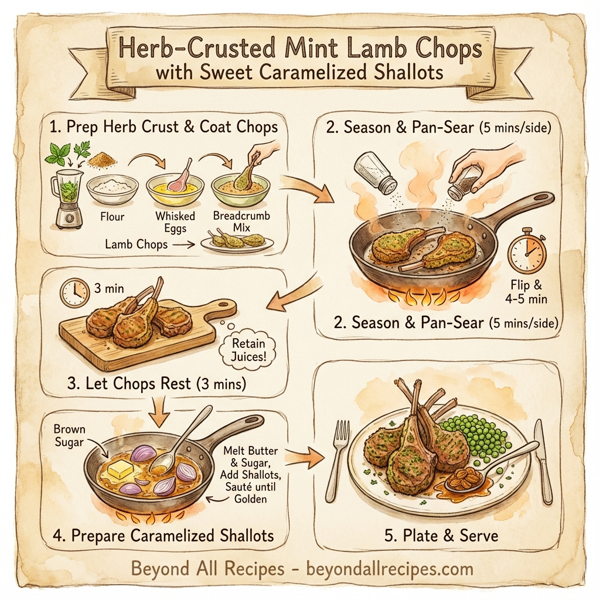 Herb-Crusted Mint Lamb Chops with Sweet Caramelized Shallots instructions
