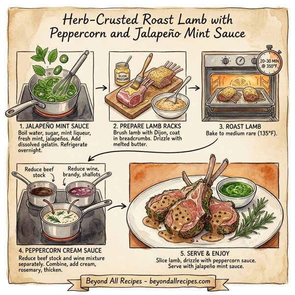 Herb-Crusted Roast Lamb with Peppercorn and Jalapeño Mint Sauce instructions