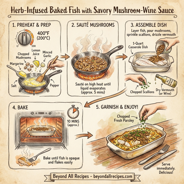 Herb-Infused Baked Fish with Savory Mushroom-Wine Sauce instructions