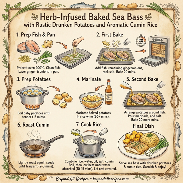 Herb-Infused Baked Sea Bass with Rustic Drunken Potatoes and Aromatic Cumin Rice instructions