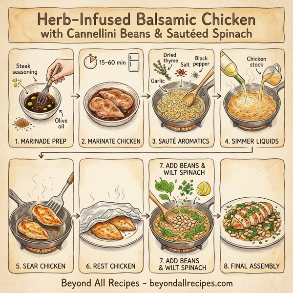 Herb-Infused Balsamic Chicken with Cannellini Beans and Sautéed Spinach instructions