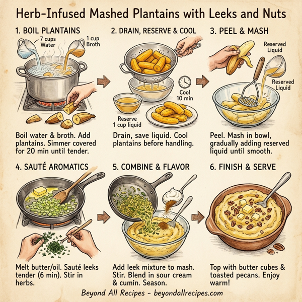 Herb-Infused Mashed Plantains with Leeks and Nuts instructions