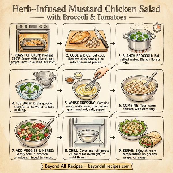 Herb-Infused Mustard Chicken Salad with Broccoli and Tomatoes instructions