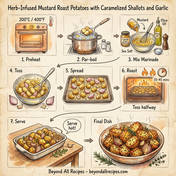 Herb-Infused Mustard Roast Potatoes with Caramelized Shallots and Garlic instructions